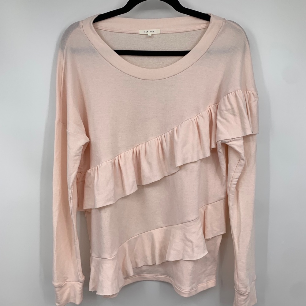 Pleione womens medium top blouse pullover stretch jersey ruffles soft pink